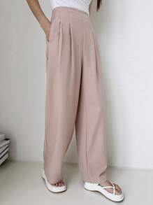 DAZY 素色拼接細節闊腿西裝褲 - 粉色 - 查看 4
