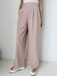 DAZY 素色拼接細節闊腿西裝褲 - 粉色 - 查看 6