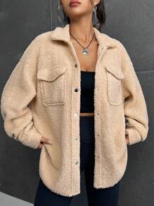 SHEIN EZwear 翻蓋口袋落肩袖絨毛外套 - 杏色 - 查看 1