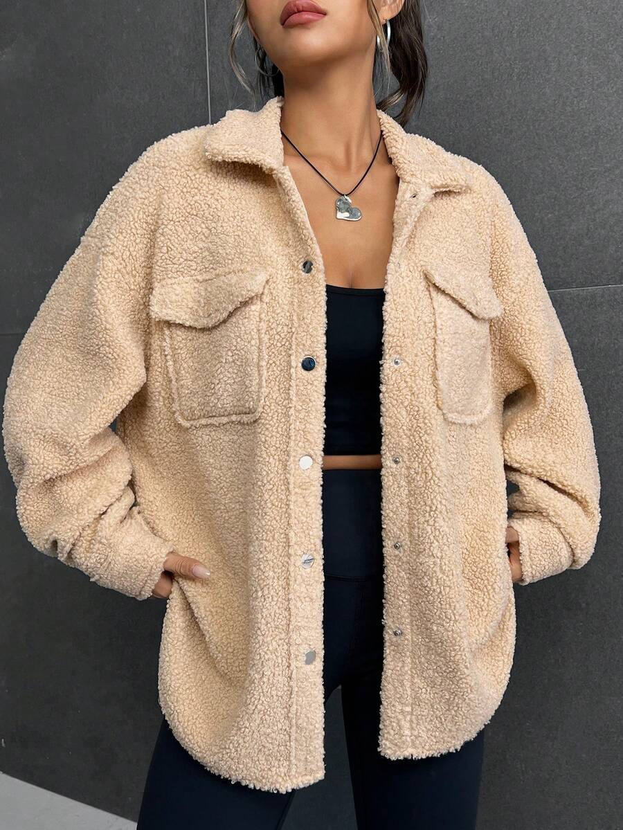 SHEIN EZwear 翻蓋口袋落肩袖絨毛外套 - 杏色 - 查看 1