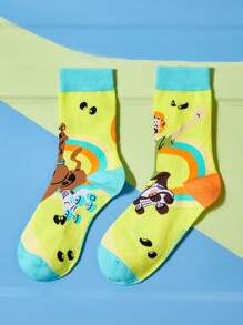 SCOOBY-DOO X SHEIN 1 双男女款狗狗图案拼色中筒袜 - 綠色 - 查看 4