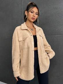 SHEIN EZwear 翻蓋口袋落肩袖絨毛外套 - 杏色 - 查看 5