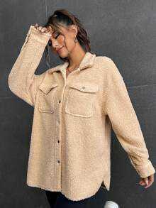 SHEIN EZwear 翻蓋口袋落肩袖絨毛外套 - 杏色 - 查看 6