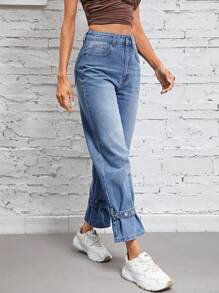 SHEIN Essnce High Waist Buckle Detail Jeans - Blue - View 4