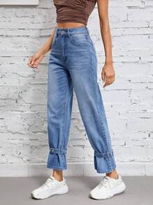SHEIN Essnce High Waist Buckle Detail Jeans - Blue - View 3