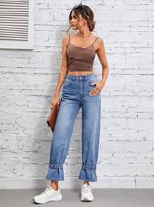 SHEIN Essnce High Waist Buckle Detail Jeans - Blue - View 5