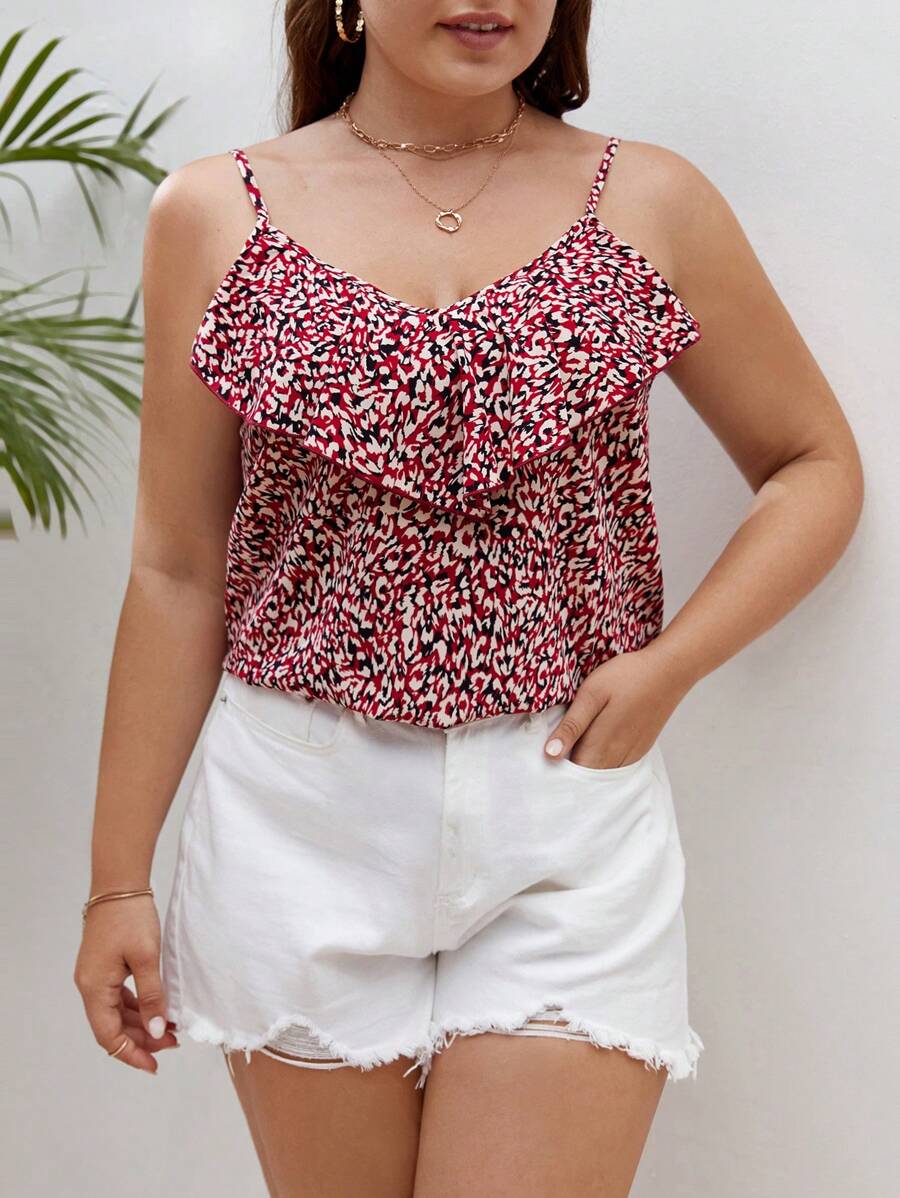 SHEIN Frenchy Hơn In hoa Báo Viền Ruffle Cami ngọn - Màu Đỏ Sâu - Xem 1