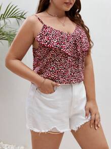 SHEIN Frenchy Hơn In hoa Báo Viền Ruffle Cami ngọn - Màu Đỏ Sâu - Xem 3