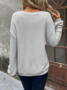 SHEIN LUNE Solid Drop Shoulder Waffle Knit Sweatshirt,Long Sleeve Tops - Light Grey - View 2