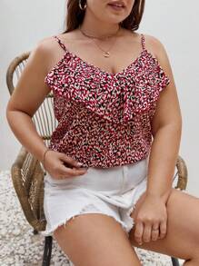 SHEIN Frenchy Hơn In hoa Báo Viền Ruffle Cami ngọn - Màu Đỏ Sâu - Xem 4