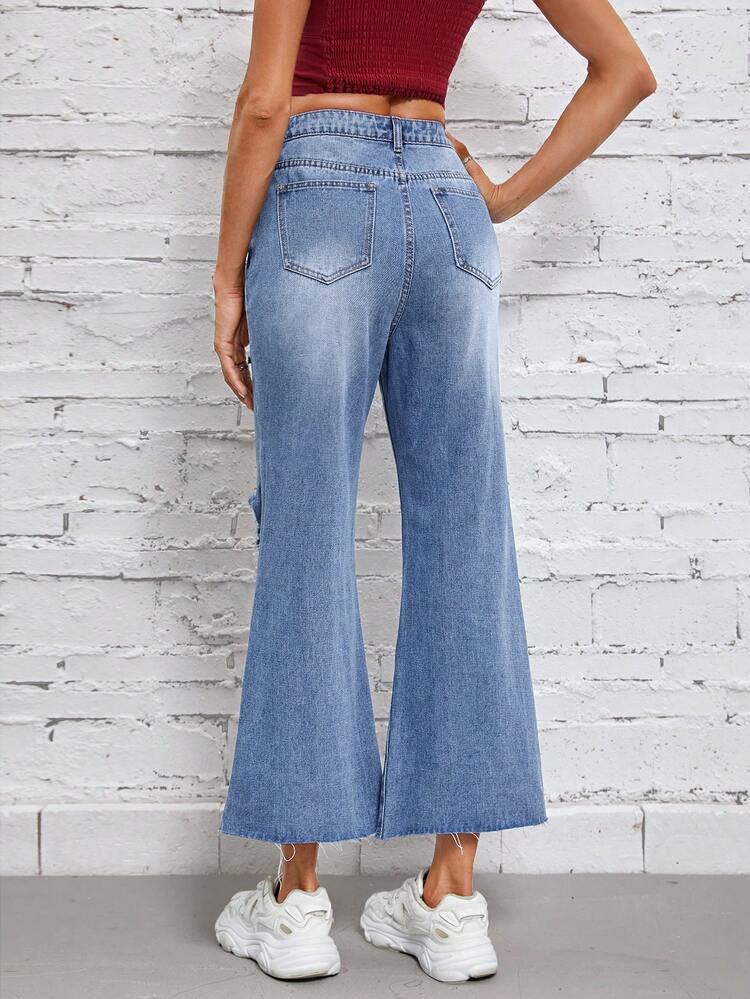 Ripped Raw Hem Flare Leg Jeans