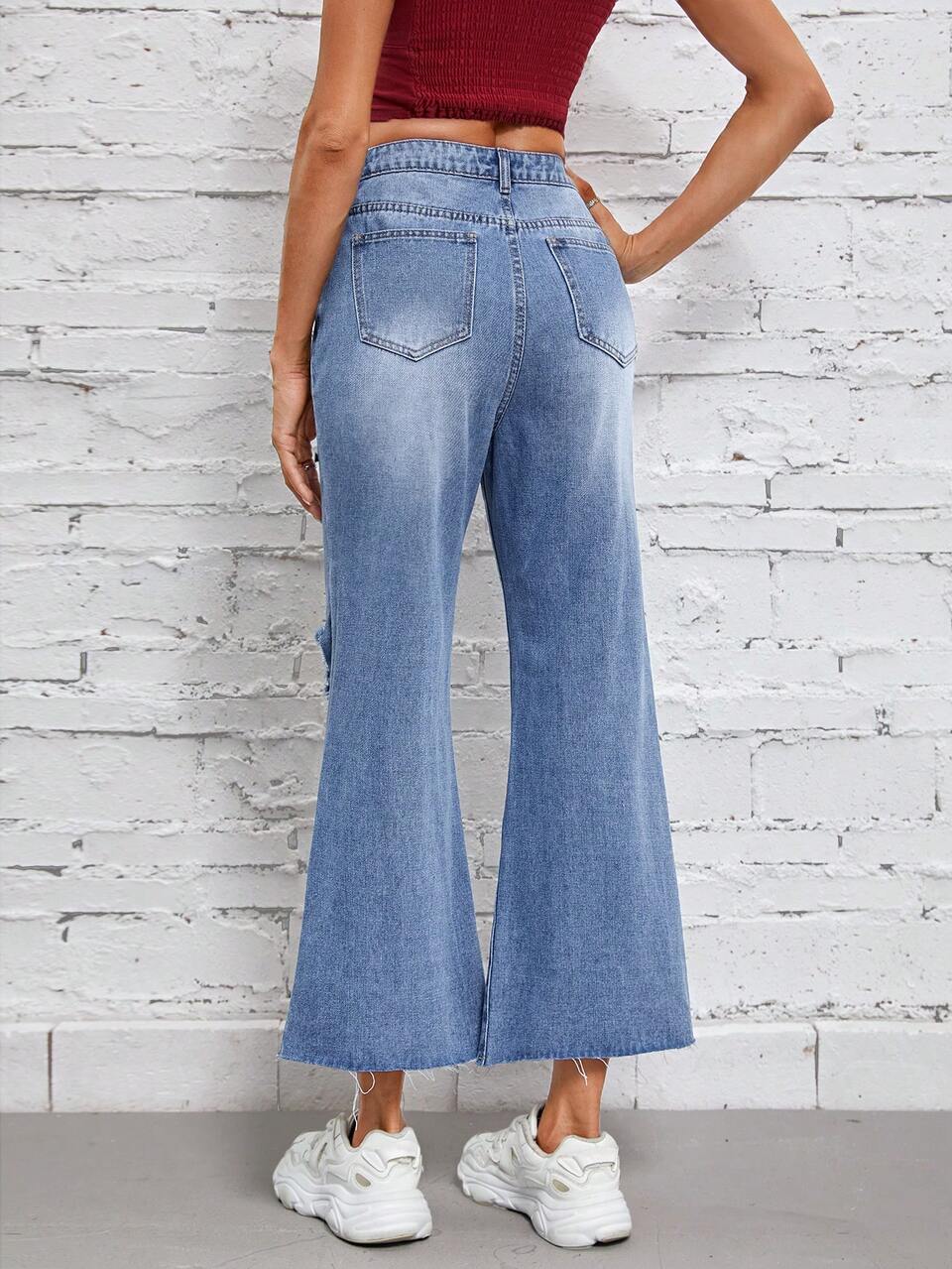 Ripped Raw Hem Flare Leg Jeans