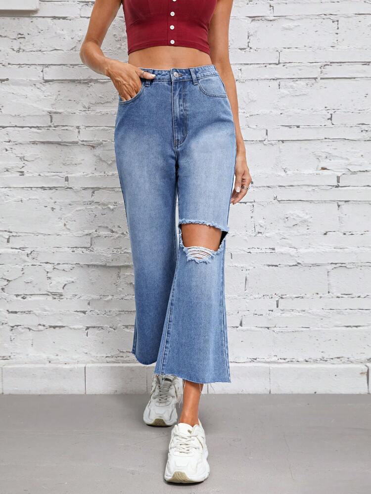 Ripped Raw Hem Flare Leg Jeans