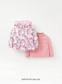 Thickened And Thermal Lined Baby Girls' Cartoon Animal Pattern Hooded Coat (Can Be Worn Two Ways) Suitable For Winter - Pink - View 3