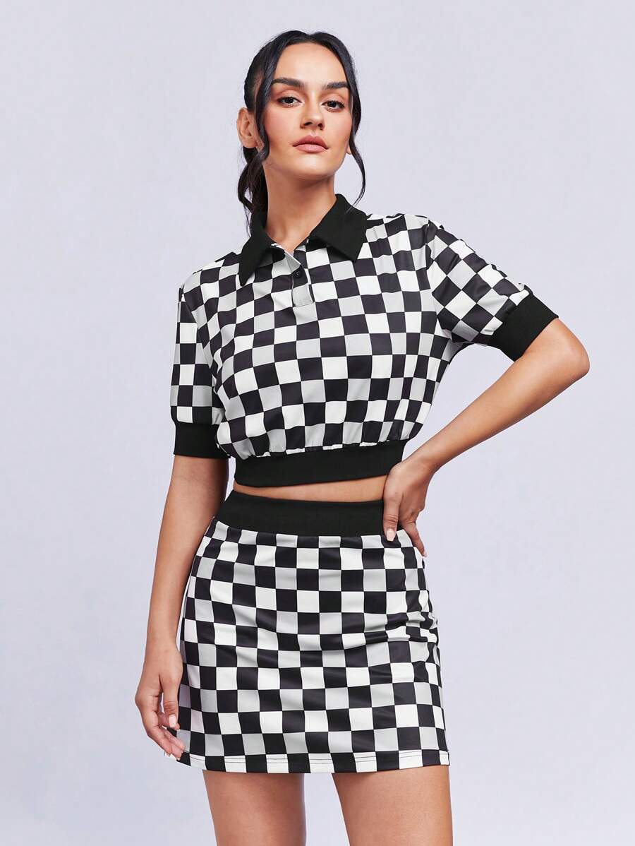 SHEINNeu Checker Print Polo Neck Crop Top & Skirt - Black and White - View 1