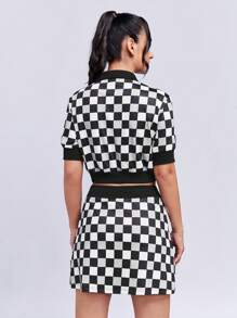 SHEINNeu Checker Print Polo Neck Crop Top & Skirt - Black and White - View 2