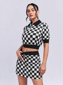 SHEINNeu Checker Print Polo Neck Crop Top & Skirt - Black and White - View 3