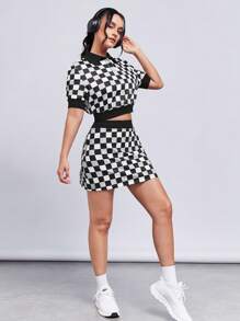 SHEINNeu Checker Print Polo Neck Crop Top & Skirt - Black and White - View 4