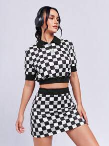 SHEINNeu Checker Print Polo Neck Crop Top & Skirt - Black and White - View 5