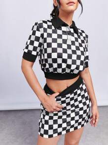 SHEINNeu Checker Print Polo Neck Crop Top & Skirt - Black and White - View 6
