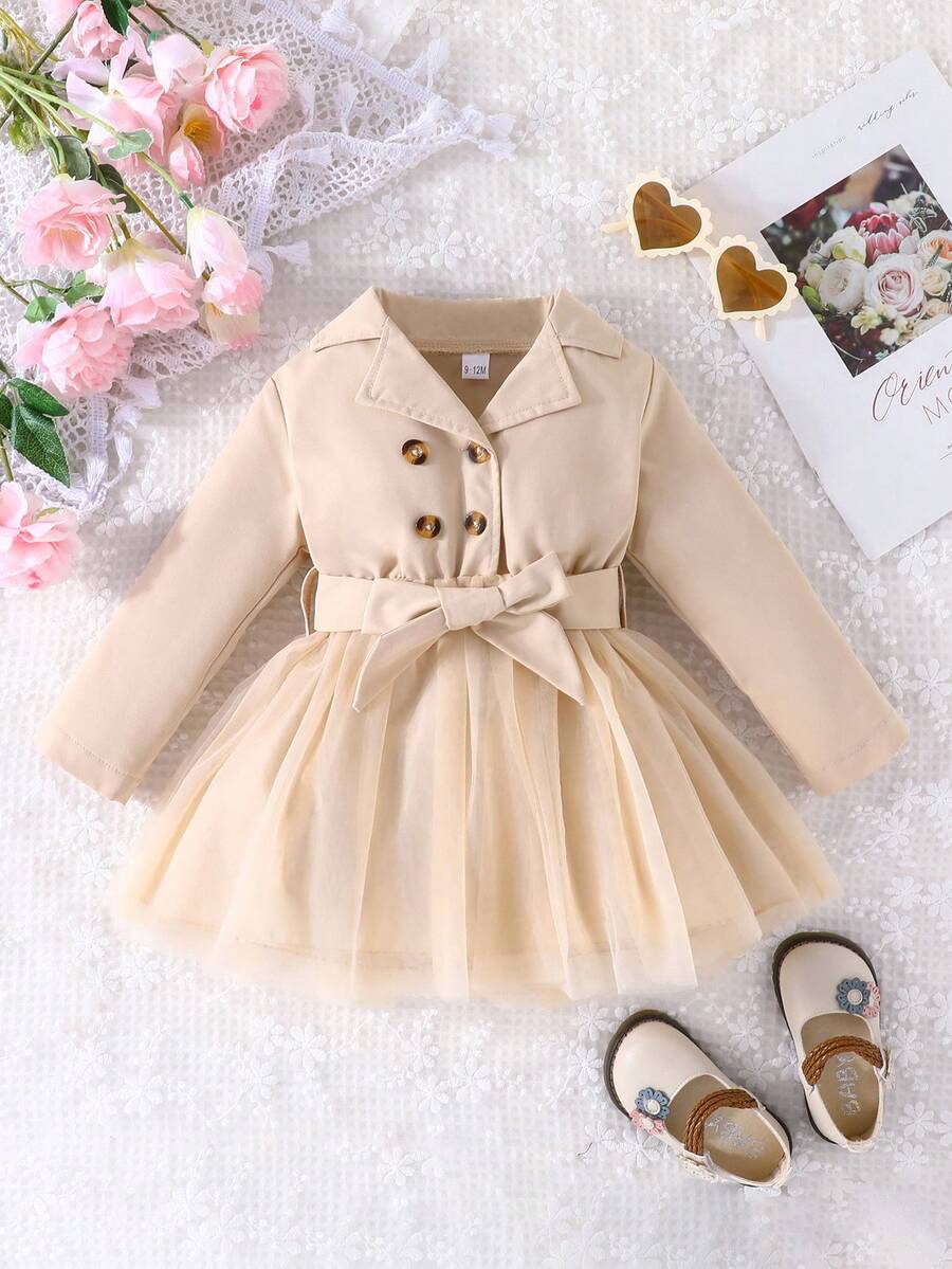 Baby Girl Double Breasted Contrast Mesh Hem Belted Dress - Khaki - View 1