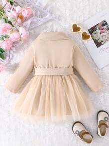 Baby Girl Double Breasted Contrast Mesh Hem Belted Dress - Khaki - View 2