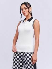 SHEINNeu Cổ áo tương phản Sọc trang trí Cổ Polo Áo ba lỗ - trắng - Xem 6