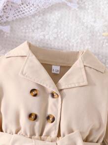 Baby Girl Double Breasted Contrast Mesh Hem Belted Dress - Khaki - View 4