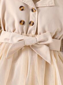 Baby Girl Double Breasted Contrast Mesh Hem Belted Dress - Khaki - View 5