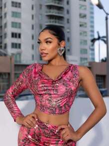 SHEIN SXY Leopard Print Draped Collar Crop Tee