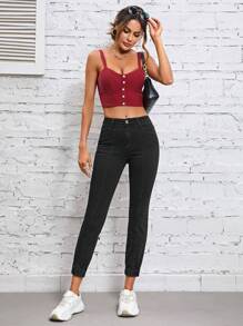 SHEIN Essnce 素色緊身牛仔褲 - 黑色 - 查看 1
