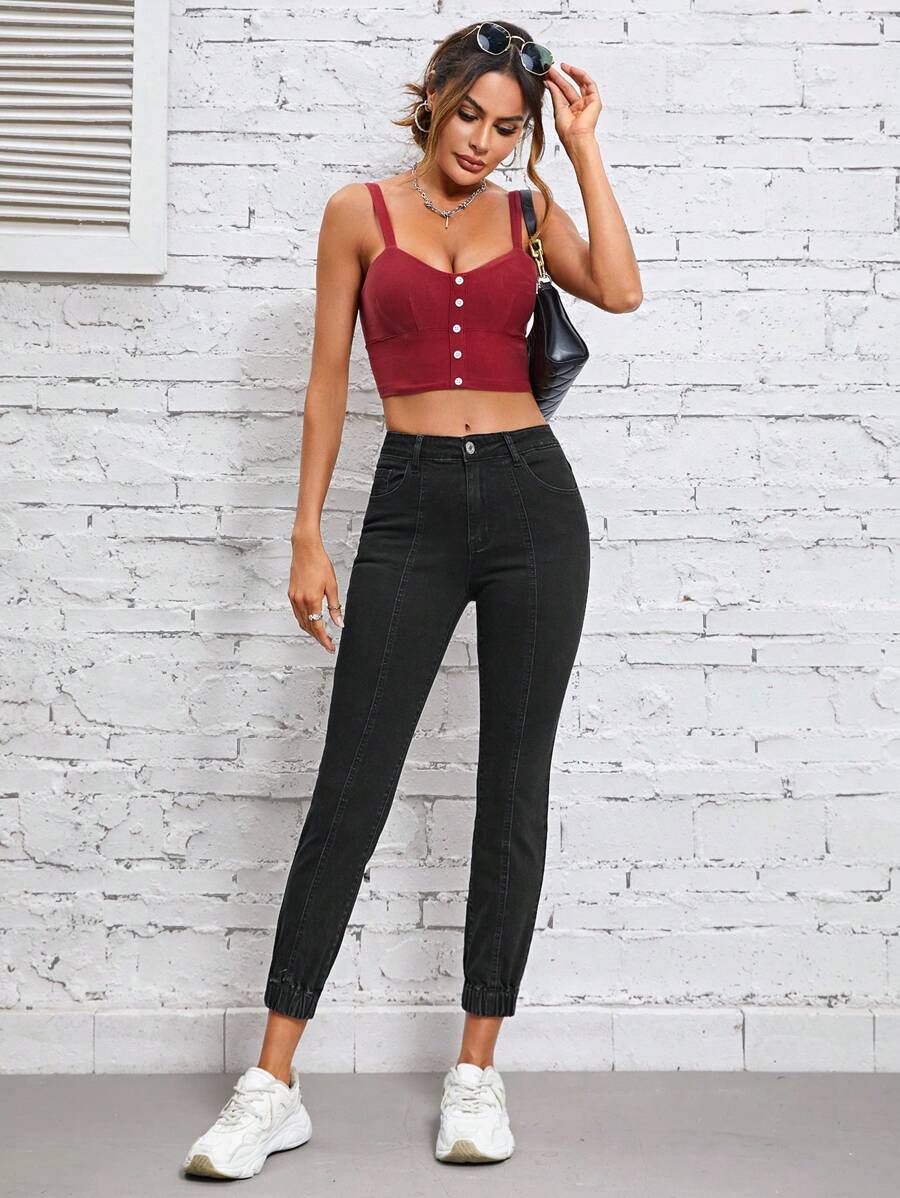 SHEIN Essnce 素色緊身牛仔褲 - 黑色 - 查看 1