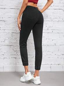 SHEIN Essnce 素色緊身牛仔褲 - 黑色 - 查看 2