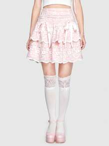 ROMWE Kawaii 花卉蕾絲荷葉邊前蝴蝶結層疊下擺半身裙 - 粉色 - 查看 3