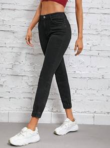 SHEIN Essnce 素色緊身牛仔褲 - 黑色 - 查看 4