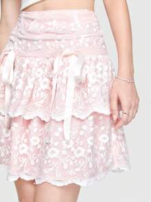 ROMWE Kawaii 花卉蕾絲荷葉邊前蝴蝶結層疊下擺半身裙 - 粉色 - 查看 4