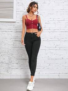 SHEIN Essnce 素色緊身牛仔褲 - 黑色 - 查看 5