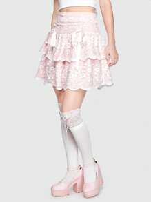 ROMWE Kawaii 花卉蕾絲荷葉邊前蝴蝶結層疊下擺半身裙 - 粉色 - 查看 5
