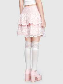 ROMWE Kawaii 花卉蕾絲荷葉邊前蝴蝶結層疊下擺半身裙 - 粉色 - 查看 6