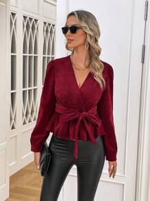 SHEIN Clasi Mantel mit Einfarbig Wickel, Knoten vorn, - Bordeaux - View 3