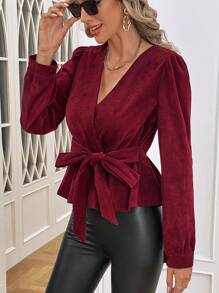 SHEIN Clasi Mantel mit Einfarbig Wickel, Knoten vorn, - Bordeaux - View 4