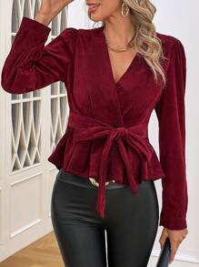SHEIN Clasi Mantel mit Einfarbig Wickel, Knoten vorn, - Bordeaux - View 6