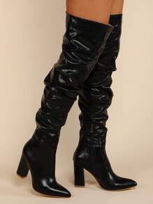 Fall/Winter 2025 Fashion Match Sweater Dress,Ideal With Cardigan,Pointed Toe Side Zipper Chunky High Heel Ruched Boots,Black Boots - Black - View 3