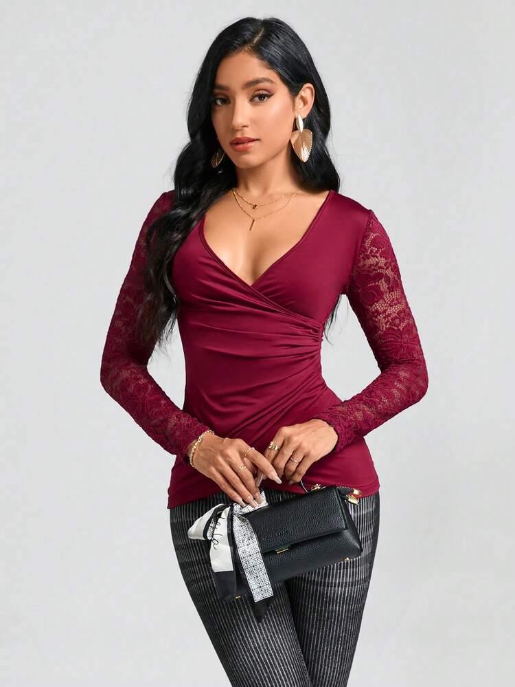 SHEIN Clasi Ren tương phản Viền ven Áo thun - Màu Tím - Xem 5