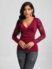 SHEIN Clasi Ren tương phản Viền ven Áo thun - Màu Tím - Xem 3