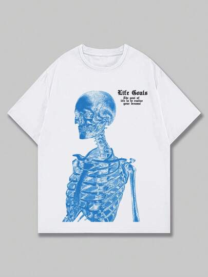 Street Life Men Slogan & Skeleton Print Tee For Halloween, School