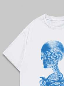 ROMWE MEN Street Life Men Slogan & Skeleton Print Tee For Halloween, School - White - View 3