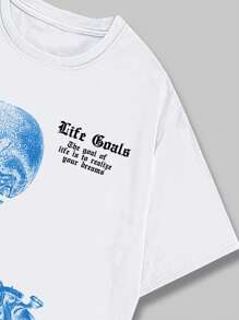 ROMWE MEN Street Life Men Slogan & Skeleton Print Tee For Halloween, School - White - View 4