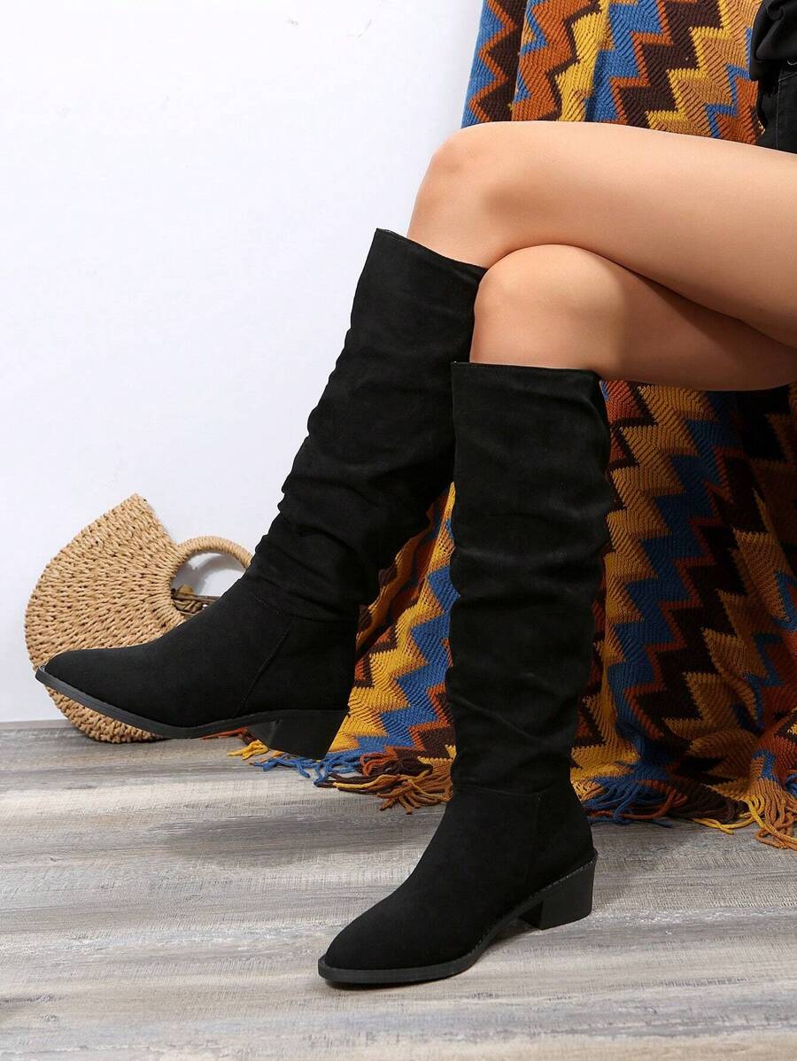 女士素色粗跟靴子,時髦一腳蹬正式靴子,女士舒服靴子