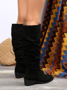 女士素色粗跟靴子,時髦一腳蹬正式靴子,女士舒服靴子